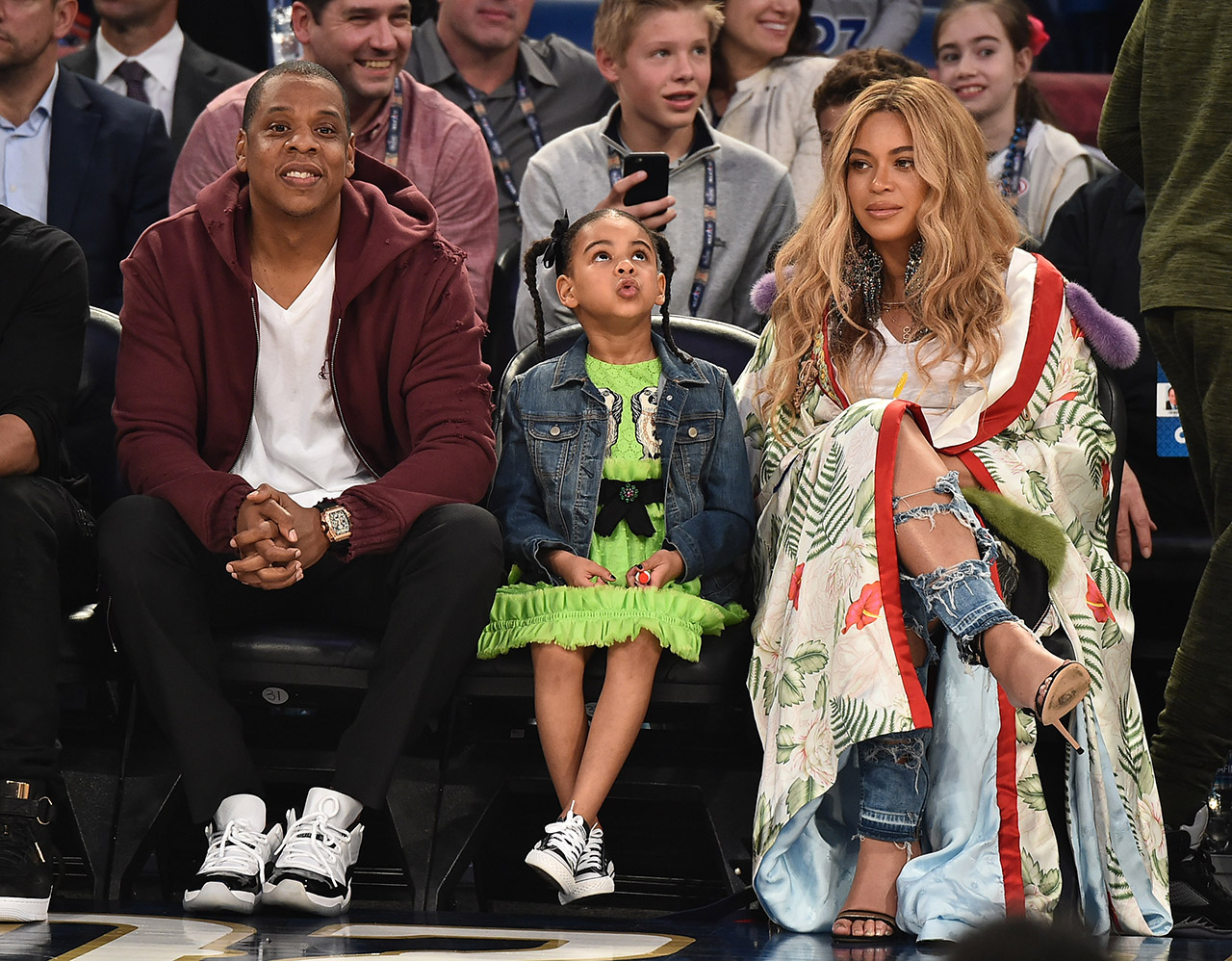 NEW ORLEANS, LA - FEBRUARY 19: Jay Z, Blue Ivy Carter and Beyonce Knowles attend the 66th NBA All-Star Game at Smoothie King Center on February 19, 2017 in New Orleans, Louisiana. (Photo by Theo Wargo/Getty Images)