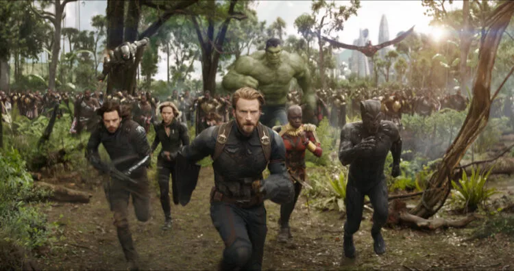 Marvel Studios' AVENGERS: INFINITY WAR..L to R: War Machine (Don Cheadle), Winter Soldier/Bucky Barnes (Sebastian Stan), Black Widow/Natasha Romanoff (Scarlet Johansson), Captain America/Steve Rogers (Chris Evans), Hulk (Mark Ruffalo), Okoye (Danai Gurira), Falcon (Anthony Mackie) and Black Panther/T'Challa (Chadwick Boseman)..Photo: Film Frame..©Marvel Studios 2018