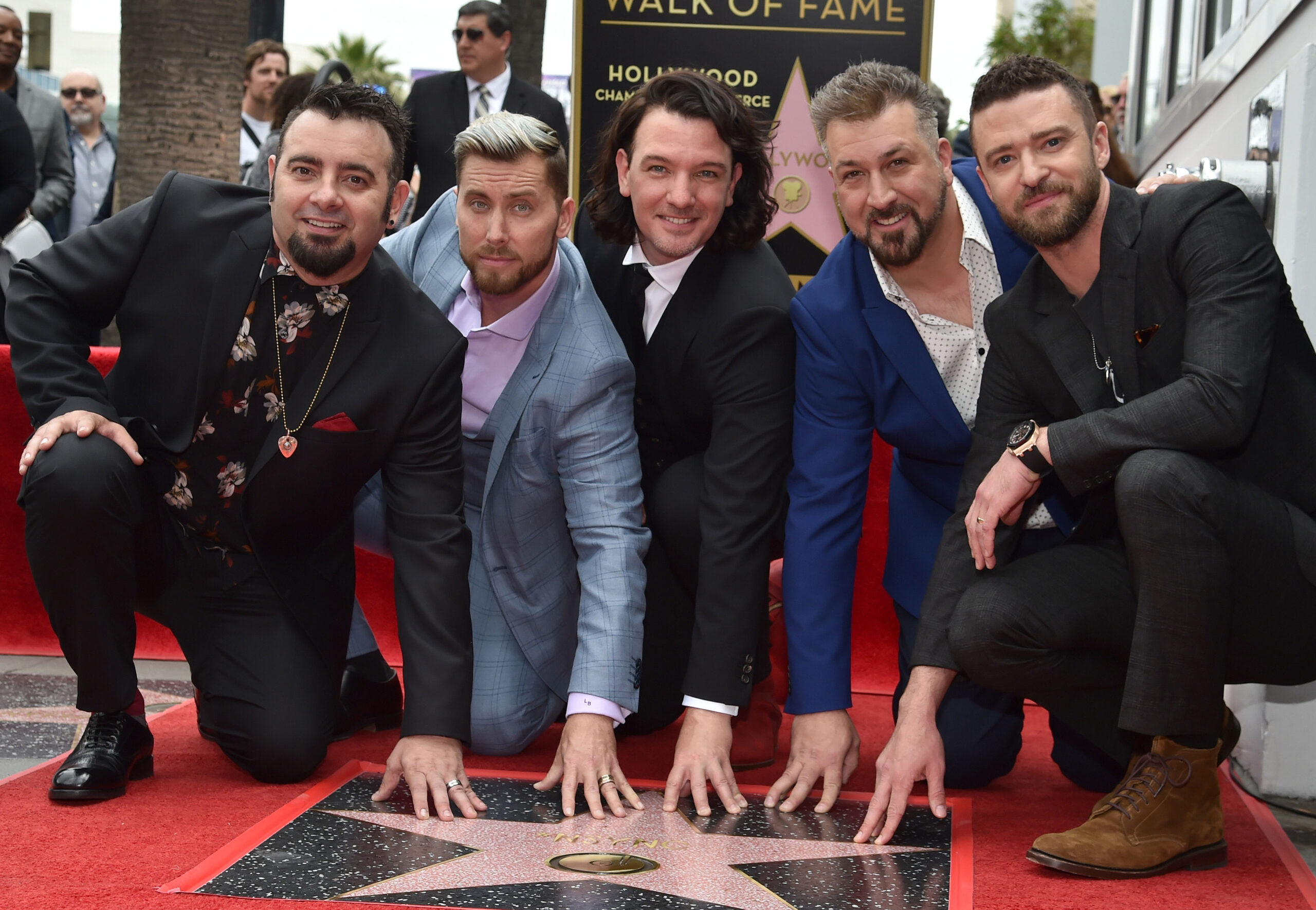 HOLLYWOOD, CA - APRIL 30:  Chris Kirkpatrick, Lance Bass, JC Chasez, Joey Fatone and Justin Timberlake of NSYNC are honored with a star on the Hollywood Walk of Fame on April 30, 2018 in Hollywood, California.  (Photo by Kevin Mazur/Getty Images)