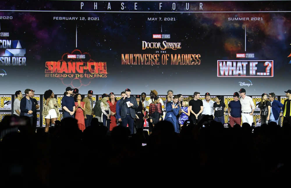 SAN DIEGO, CALIFORNIA - JULY 20: The Marvel Cinematic Universe Phase Four is announced with cast members during the Marvel Studios Panel during 2019 Comic-Con International at San Diego Convention Center on July 20, 2019 in San Diego, California. (Photo by Kevin Winter/Getty Images)
