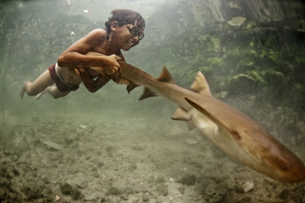 Whilst few young Bajau are now born on boats, the ocean is still very much their playground. And whilst they are getting conflicted messages from their communities, who simultaneously refrain from spitting in the ocean and continue to dynamite its reefs, I still believe they could play a crucial role in the development of western marine conservation practices. Here Enal plays with his pet shark. Wangi Wangi, Indonesia.