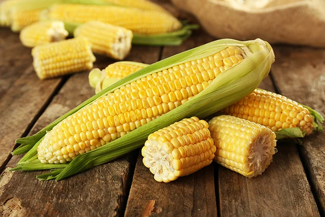 Fresh corn on cobs on rustic wooden table, closeup; Shutterstock ID 314163662; Co #: 100; PAU: 48078; Activity Code: MCHSDIG; Department: MCHS
