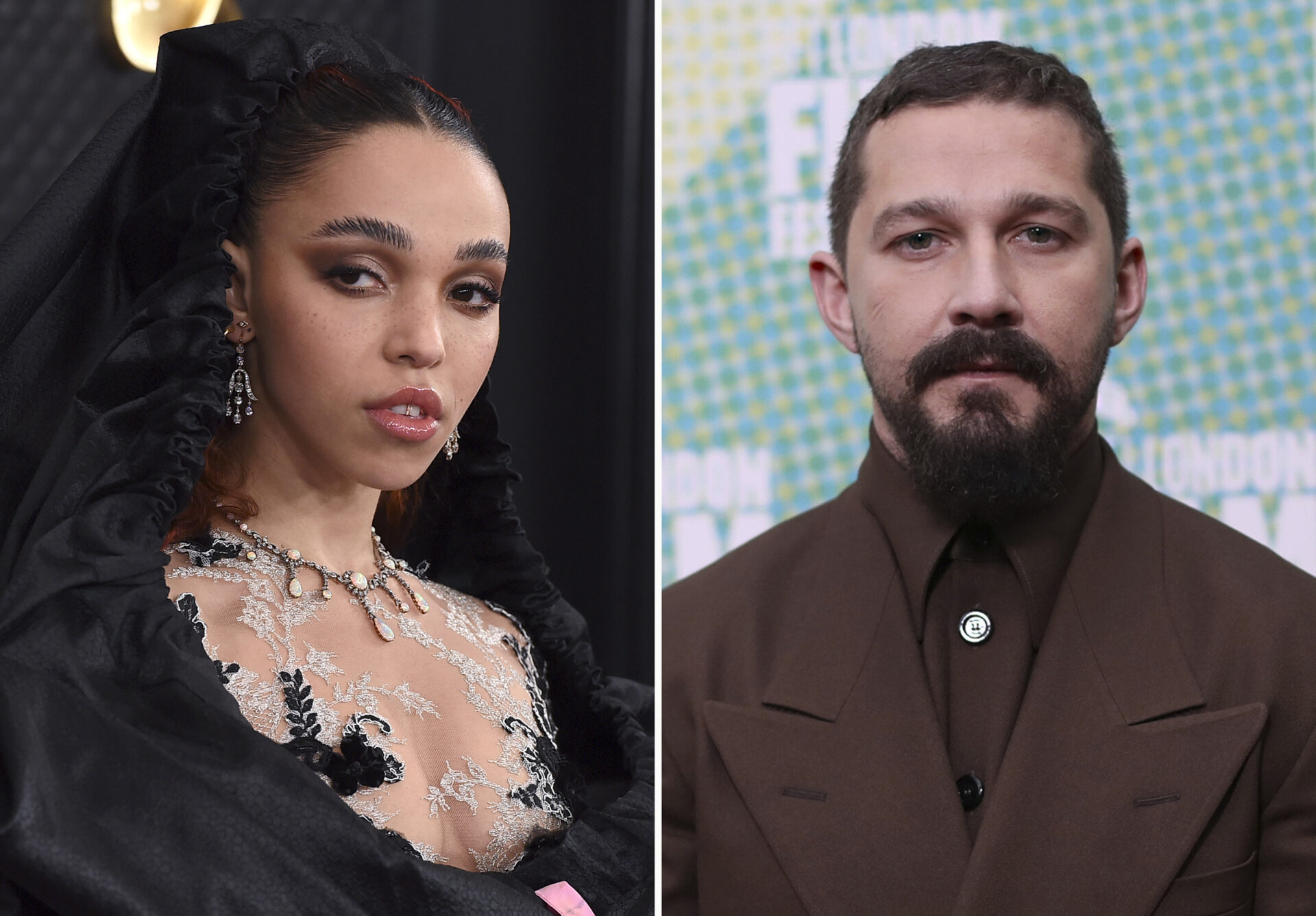 This combination photo shows FKA twigs, left, at the 62nd annual Grammy Awards on Jan. 26, 2020, in Los Angeles and Shia LaBeouf at the premiere of "The Peanut Butter Falcon" during the London Film Festival on Oct. 3, 2019. FKA twigs filed a lawsuit Friday, Dec. 11, 2020, alleging that LaBeouf was physically and emotionally abusive during a relationship in 2018 and 2019, saying the experience was part of a pattern of terrorizing women for the 34-year-old actor. (AP Photo)