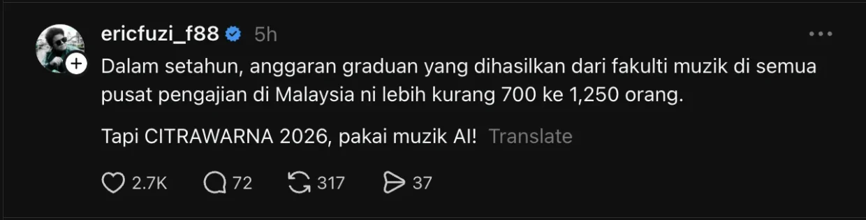 Citrawarna 2026 Pilih AI? Eric Fuzi Luah Rasa Kecewa